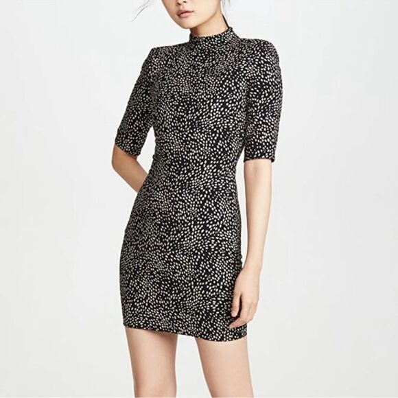Alice + Olivia Inka Strong Shoulder Mock Neck Mini Dress sz 0 Black Silver Dot - Picture 1 of 7